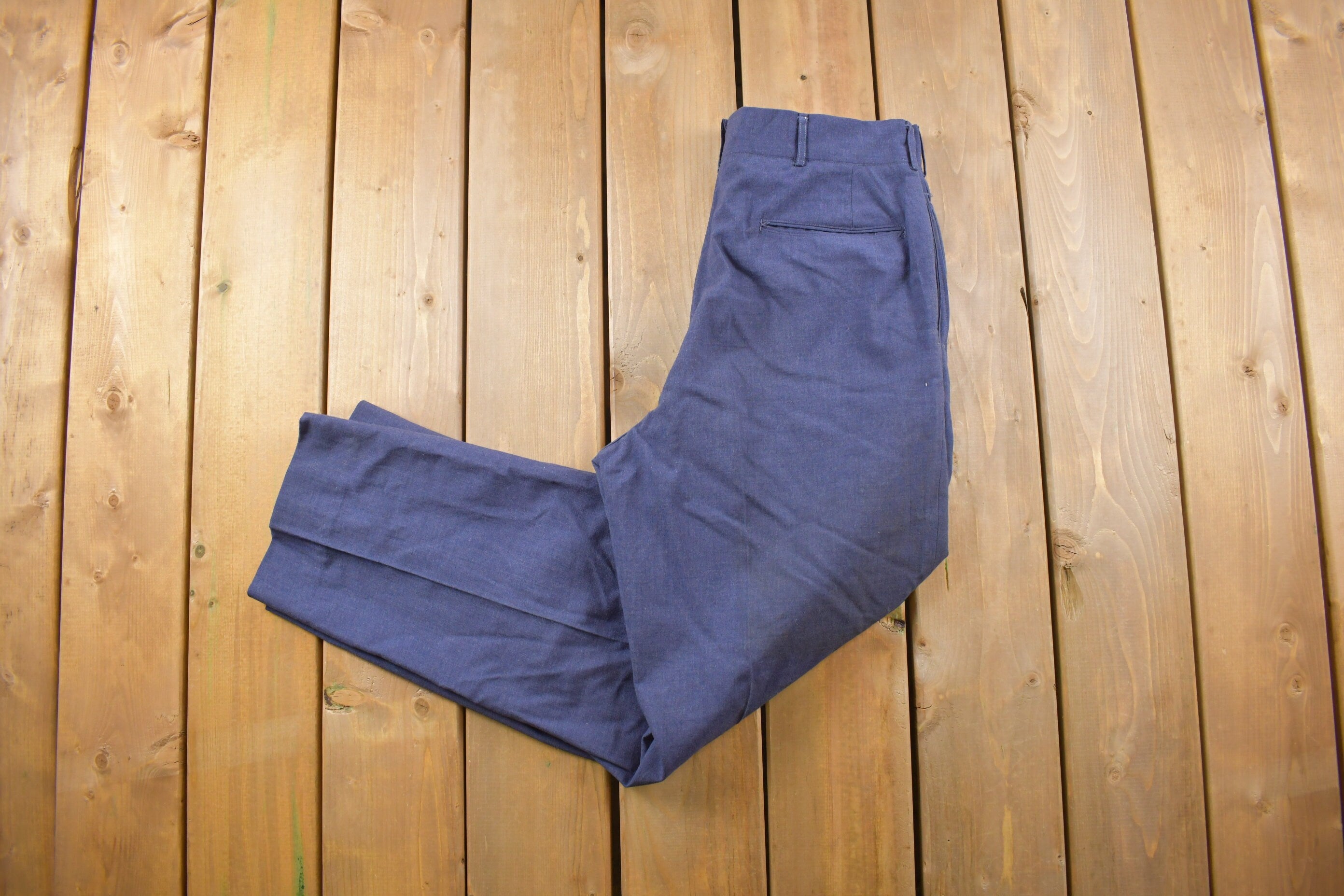 Vintage 1980s 100% Wool Navy Blue Trousers Size 30 x 30