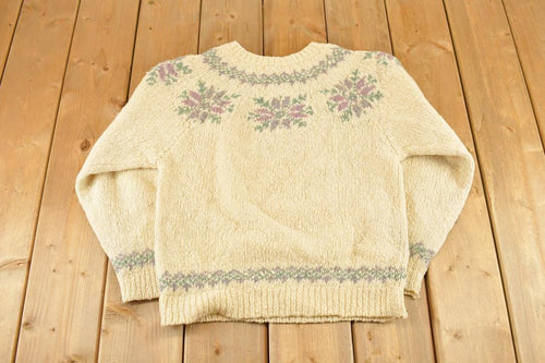 Vintage 1990s LL Bean Wool Knit Crewneck Sweater Women's S / 90's Abstract Pattern 3D Knitted Sweatshirt