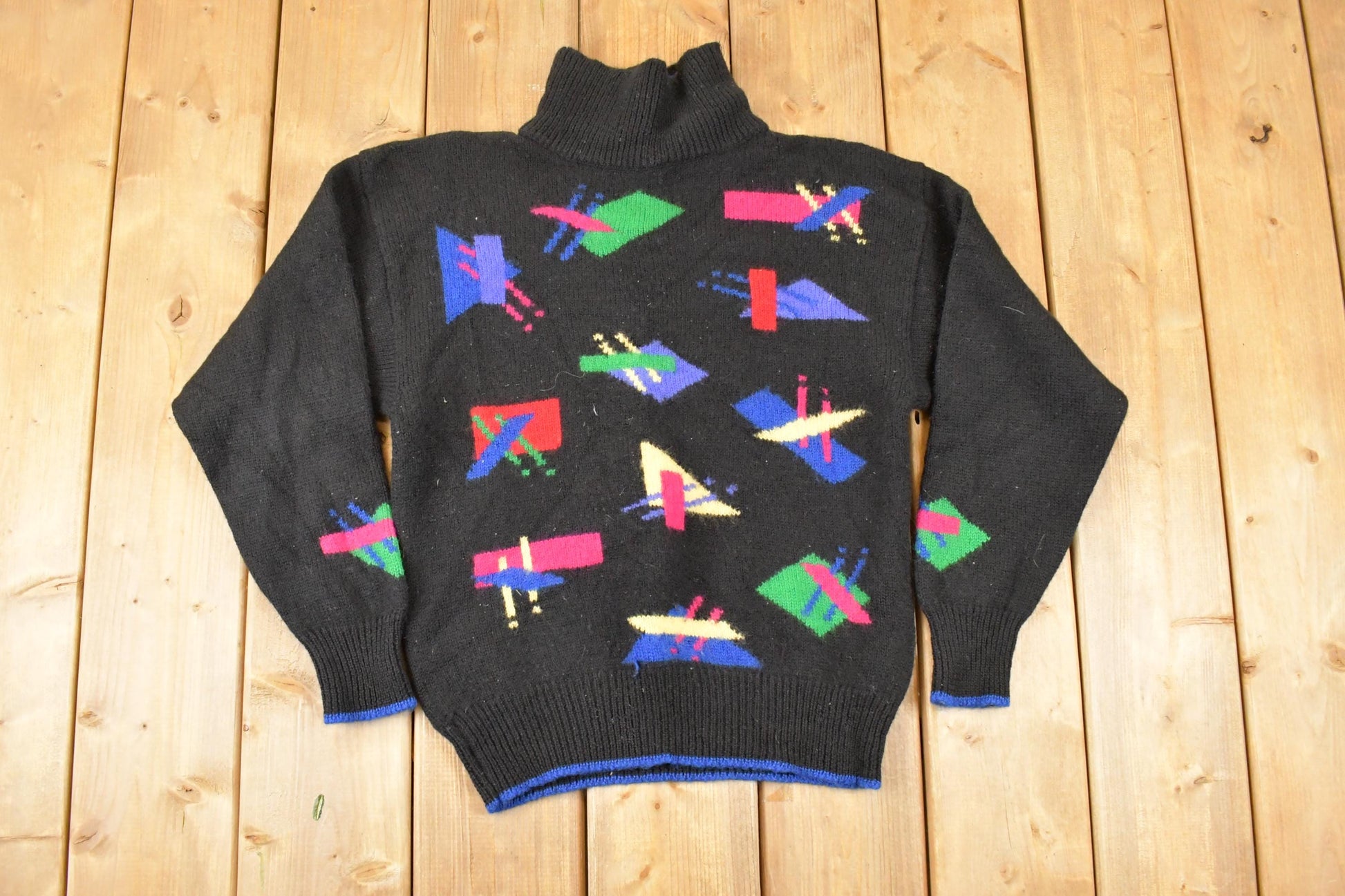 Vintage 1980s Aston Abstract Wool Knit Turtleneck Sweater Mens S