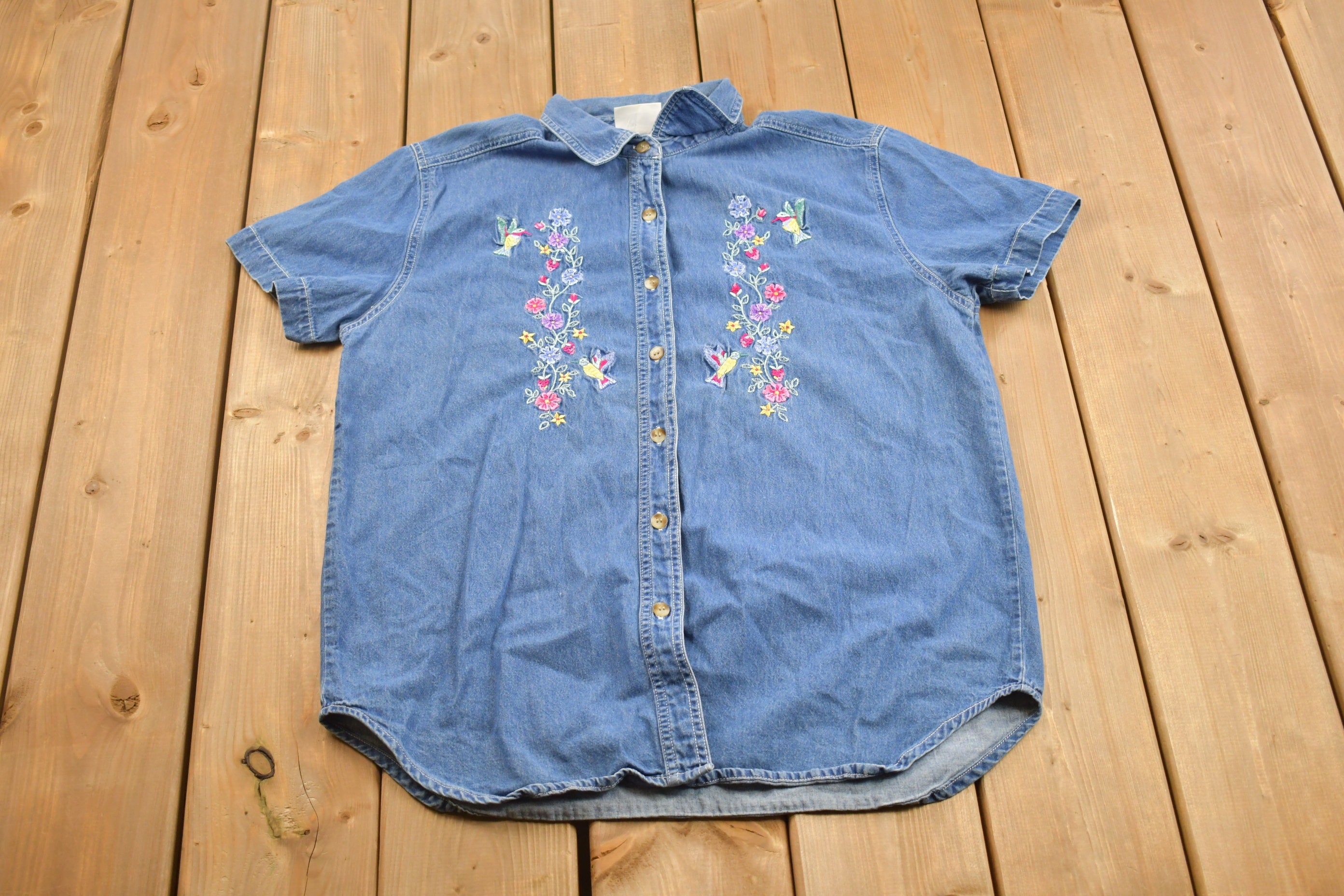 Vintage 1990s Cool Blue Button Up Embroidered Denim Shirt
