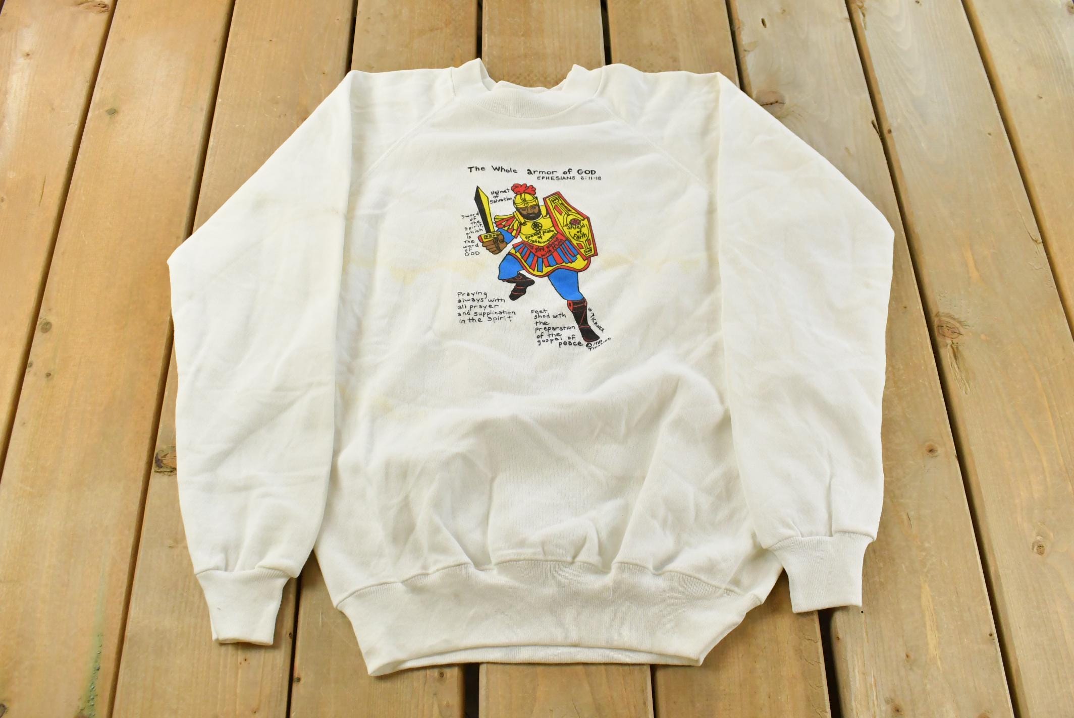 Vintage 1980s Ephesians 6:11-18 Whole Armour of God Crewneck Sweatshirt Men's S