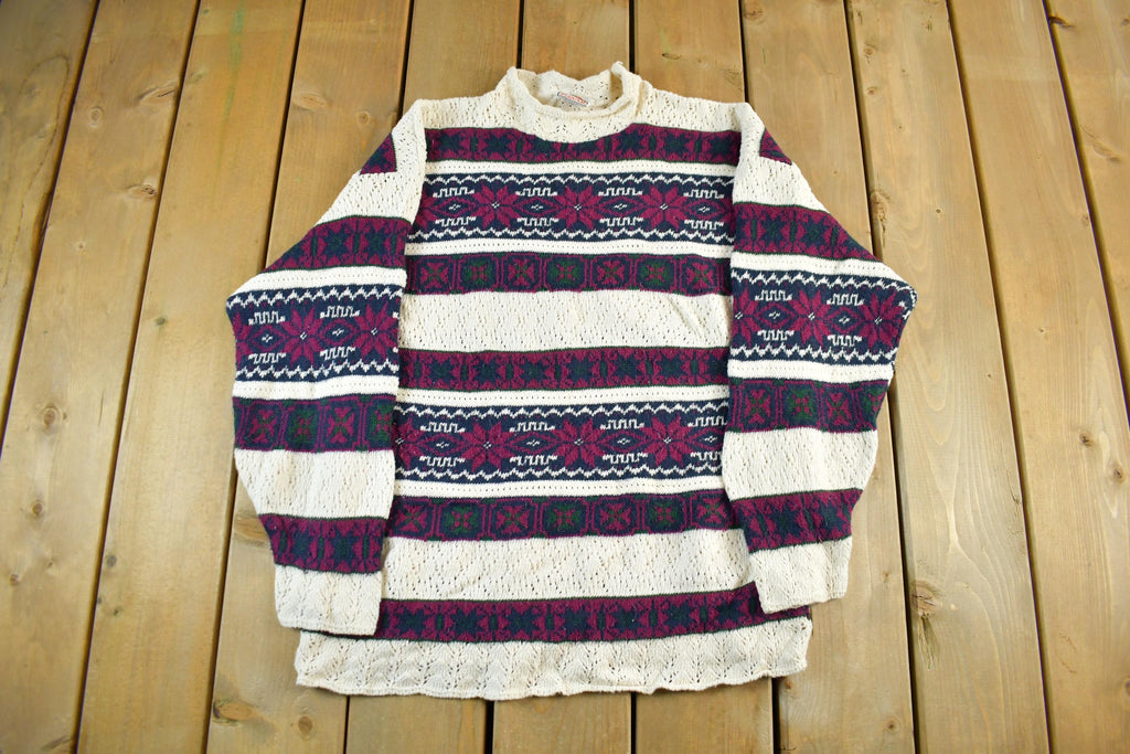 Vintage 1990s Jaguar Knit Floral Theme Crewneck Sweater Men's Large
