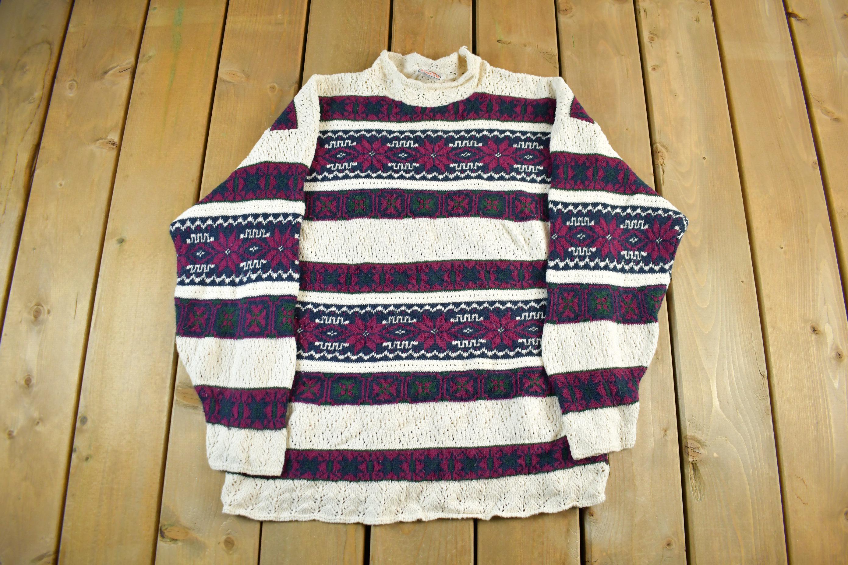 Vintage 1990s Jaguar Knit Floral Theme Crewneck Sweater Men's Large