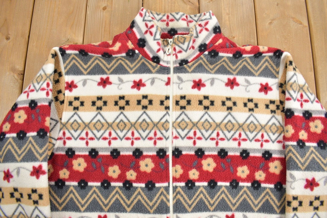Vintage 1990s Alfred Dunner Abstract Pattern Graphic Fleece Zip Up Sweater
