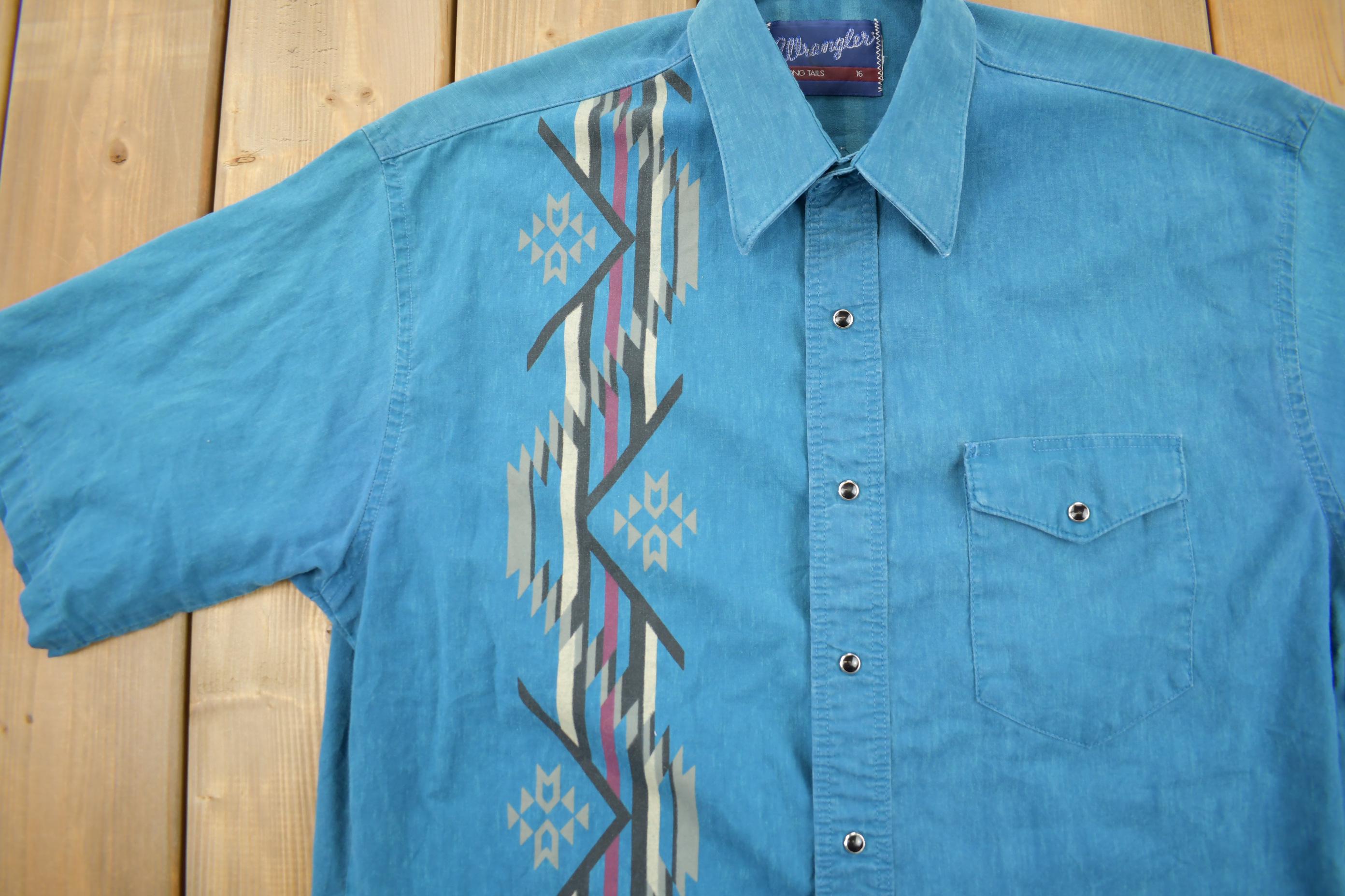Vintage 1990s Wrangler Western Shirts Pearl Snap Short Sleeve Aztec Pattern Button Up Shirt