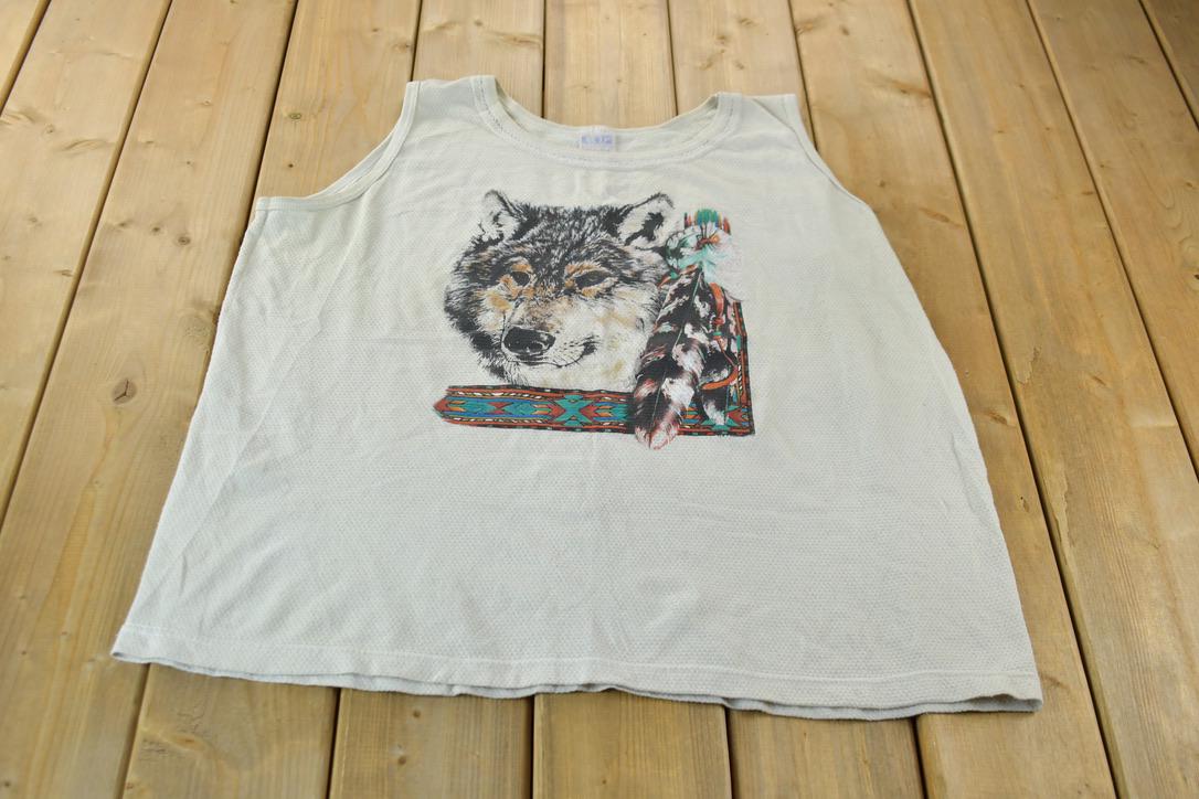 Vintage 1990s Single Stitch Indigenous Wolf Graphic Tank Top