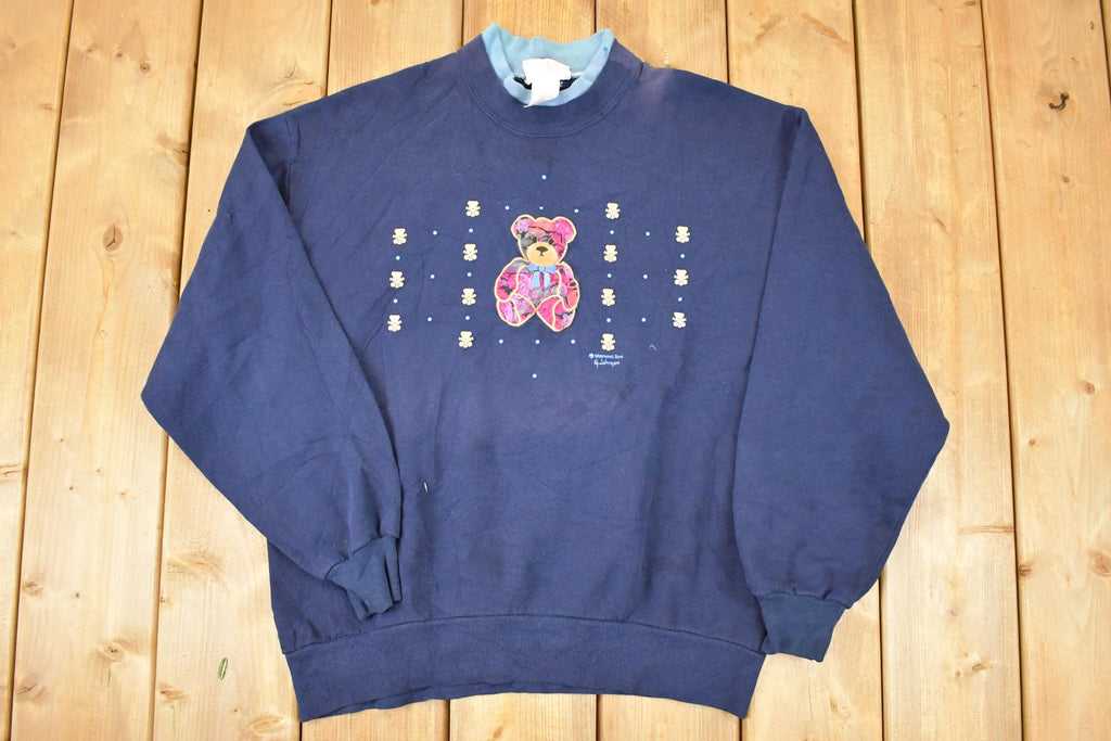 Vintage 1990s Morning Sun Abstract Teddy Embroidered Double Collar Graphic Print Crewneck Sweatshirt Mens L