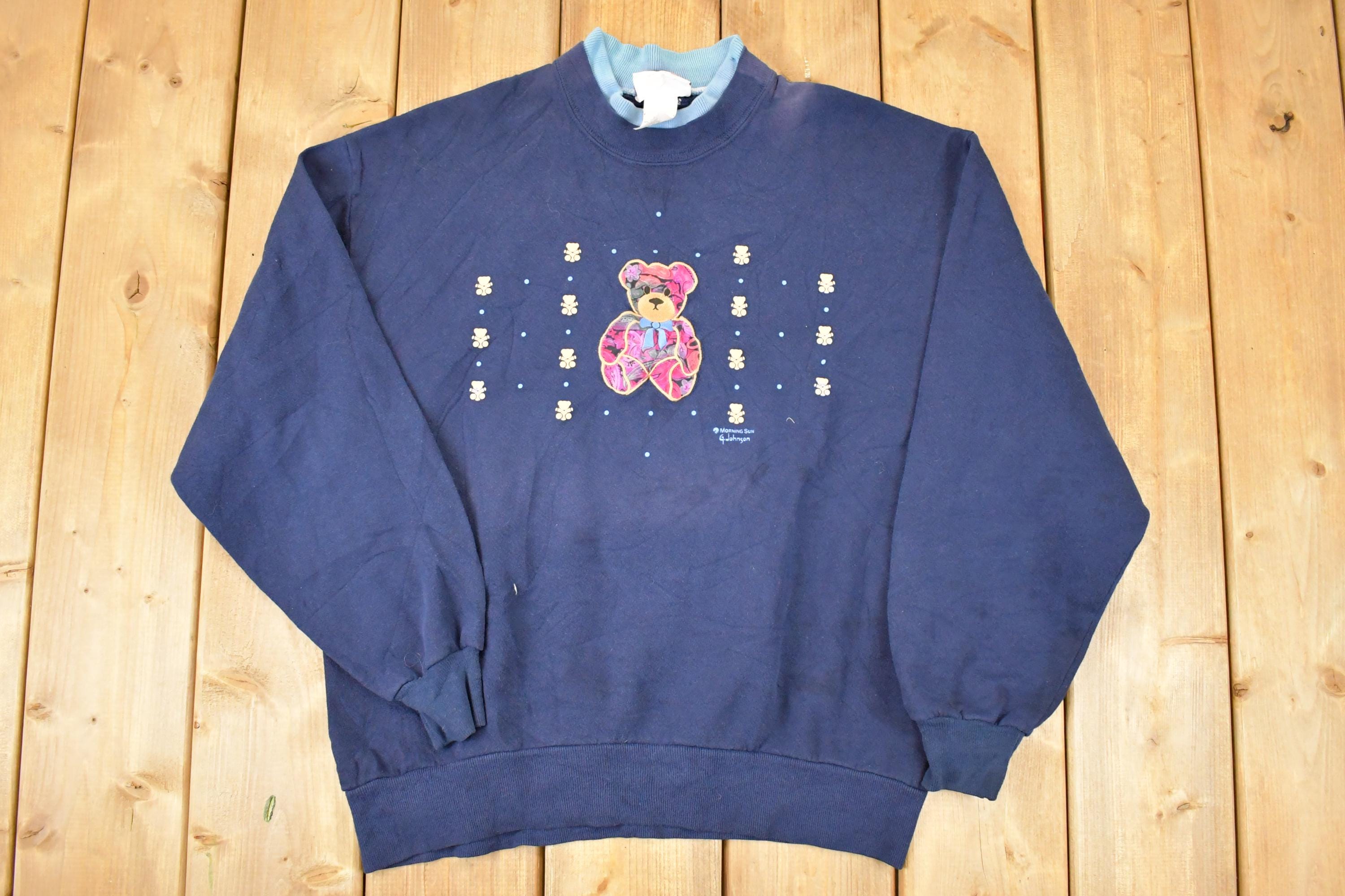 Vintage 1990s Morning Sun Abstract Teddy Embroidered Double Collar Graphic Print Crewneck Sweatshirt Mens L