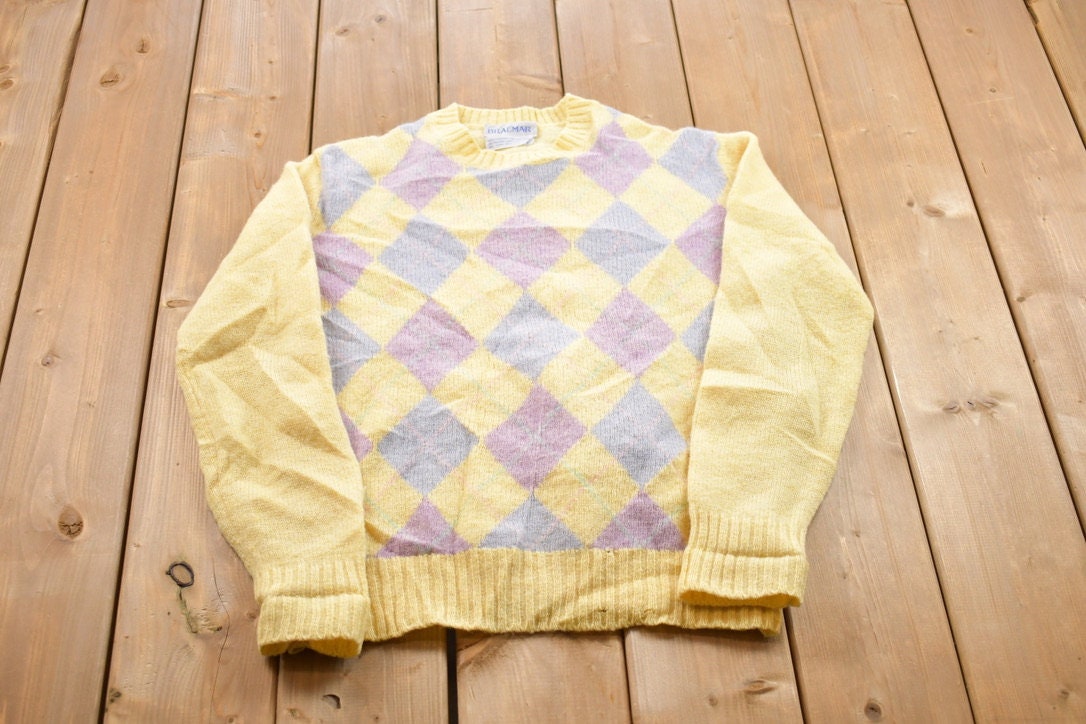 Vintage 1990s Knitted Easter Argyle Crewneck Sweater /