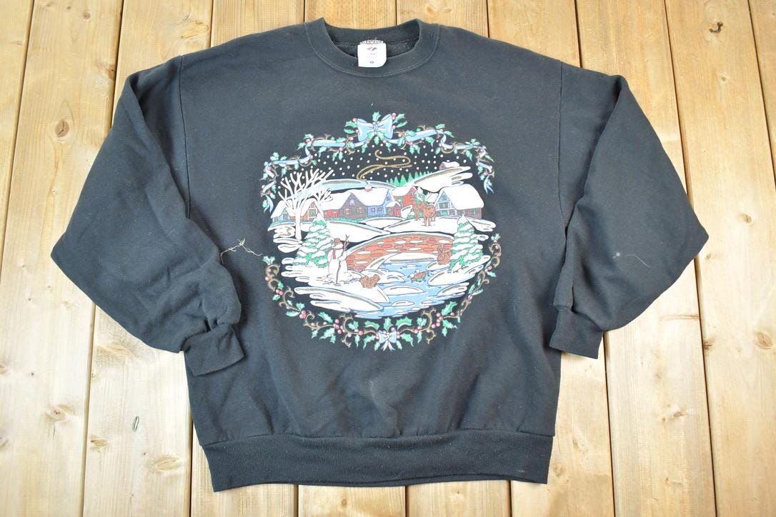 Vintage 1990s Winter Theme Snowman Crewneck Sweatshirt Mens L