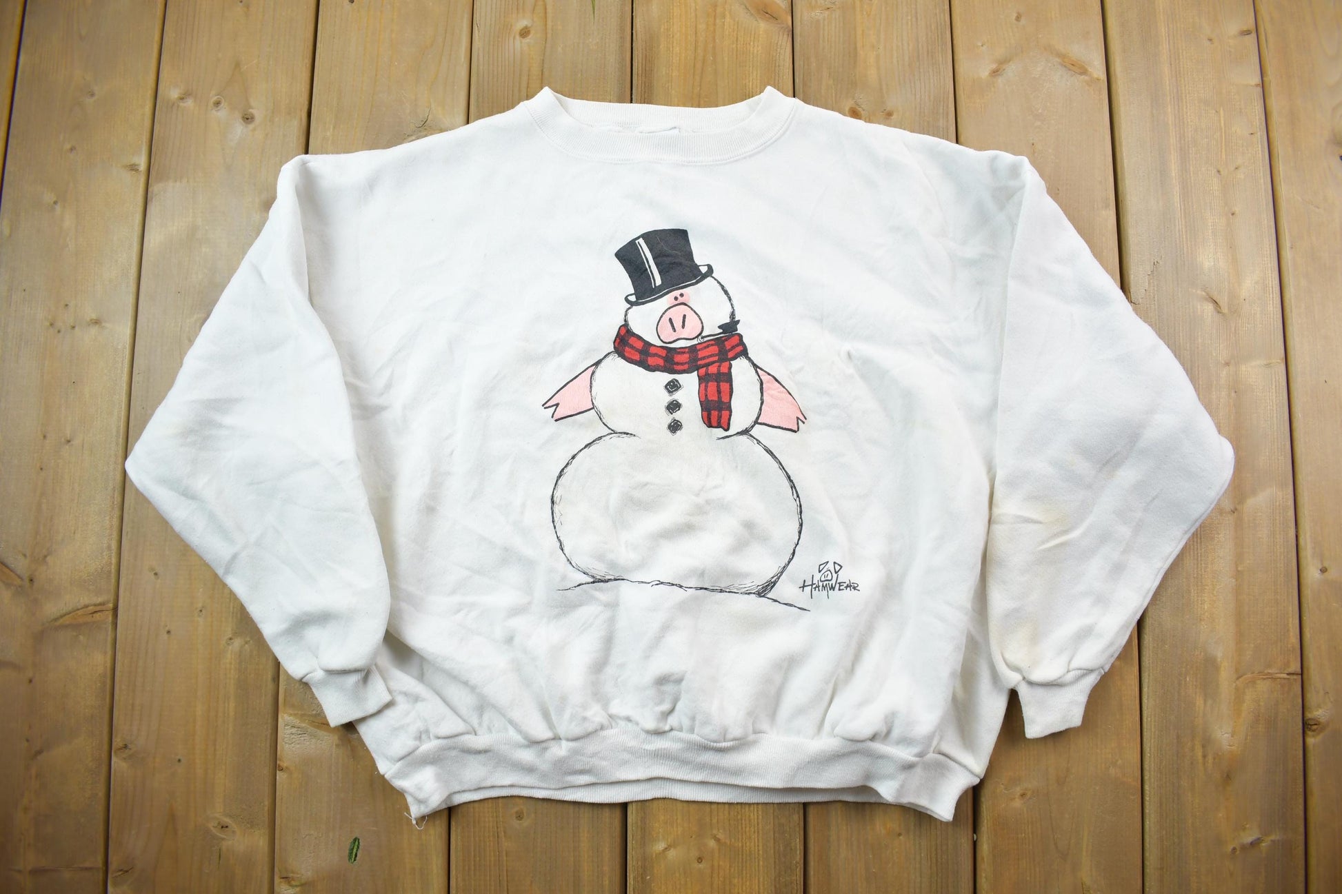 Vintage 1990s Cute Snowman Crewneck Sweater / 90s Crewneck / Grandma Sweater / Streetwear / Animal Theme / Pig