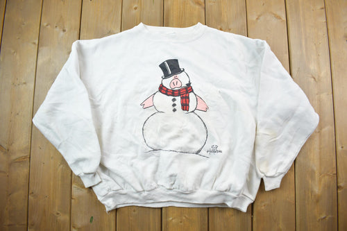 Vintage 1990s Cute Snowman Crewneck Sweater / 90s Crewneck / Grandma Sweater / Streetwear / Animal Theme / Pig