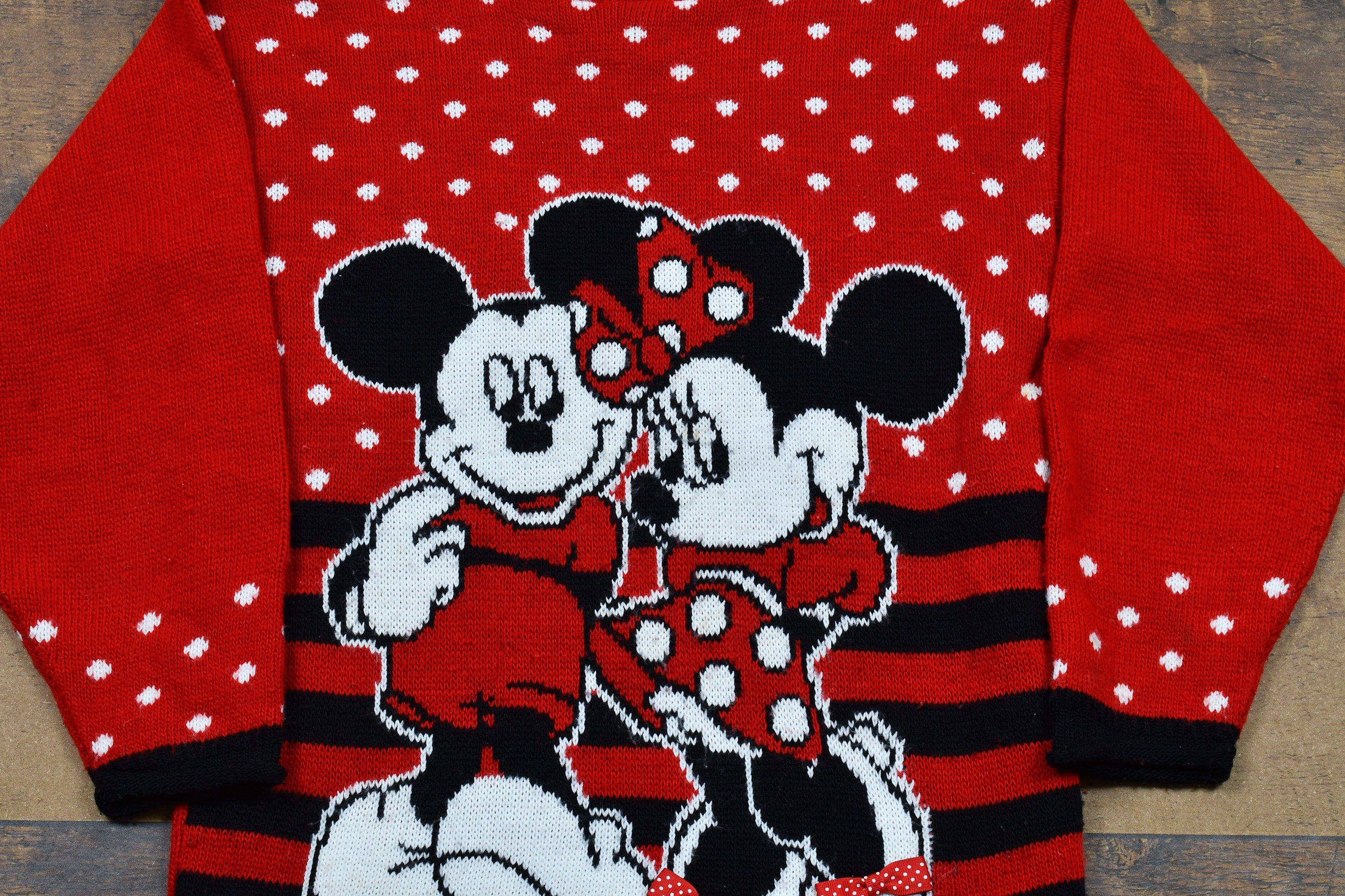 Vintage 1990s Disney Mickey & Minnie Mouse Knitted Sweater  90s Crewneck  Striped Polka Dot Pattern  Pullover Sweatshirt