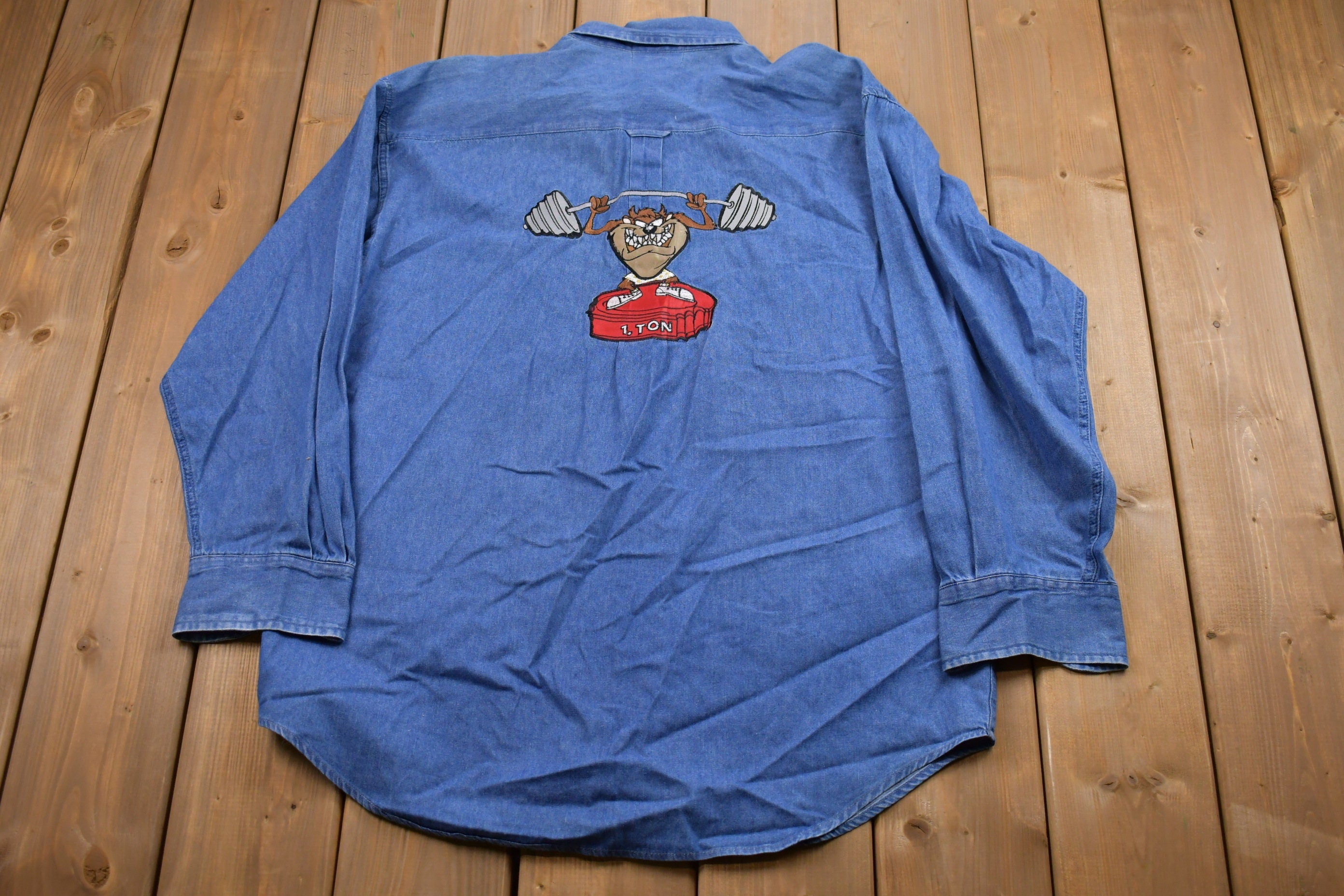 Vintage 1990s Tasmanian Devil Denim Button Up Shirt