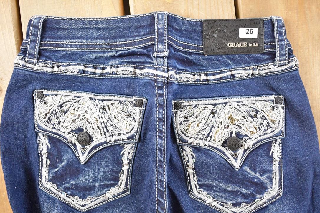 Vintage Deadstock Y2K Grace In LA Bedazzled Low Rise Jeans Women's Size 27 x 32