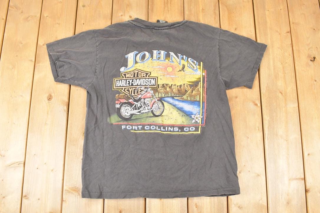 Vintage 1990s John's Fort Collins Harley Davidson Motorcycles Biker T-Shirt Men's M