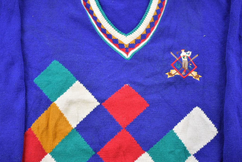 Vintage 1990s Par Four Golf Embroidered Knitted Sweater / Vintage 90s V-Neck / Pattern Sweater / Outdoor / Hand Knit / Pullover Sweatshirt