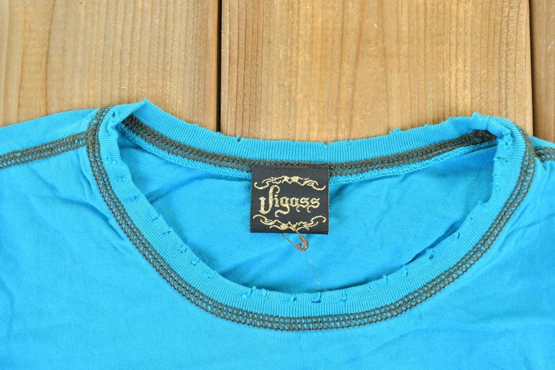 Women Vintage Vigoss Y2K Blank Blue T-Shirt / Vigoss Grunge Skull Print / Contrast Stitch / Internet Famous Clothing / Over Dyed