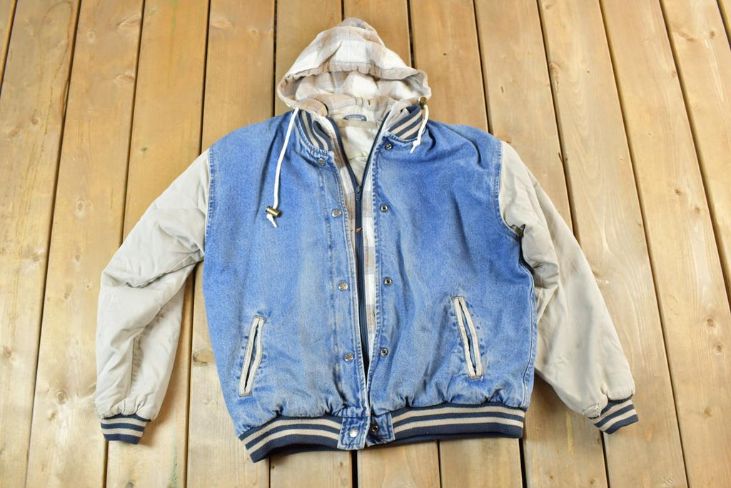 Vintage 1990s Hooded Plaid Lined Jean Jacket Made In USA