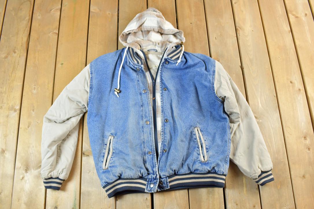 Vintage 1990s Hooded Plaid Lined Jean Jacket Made In USA