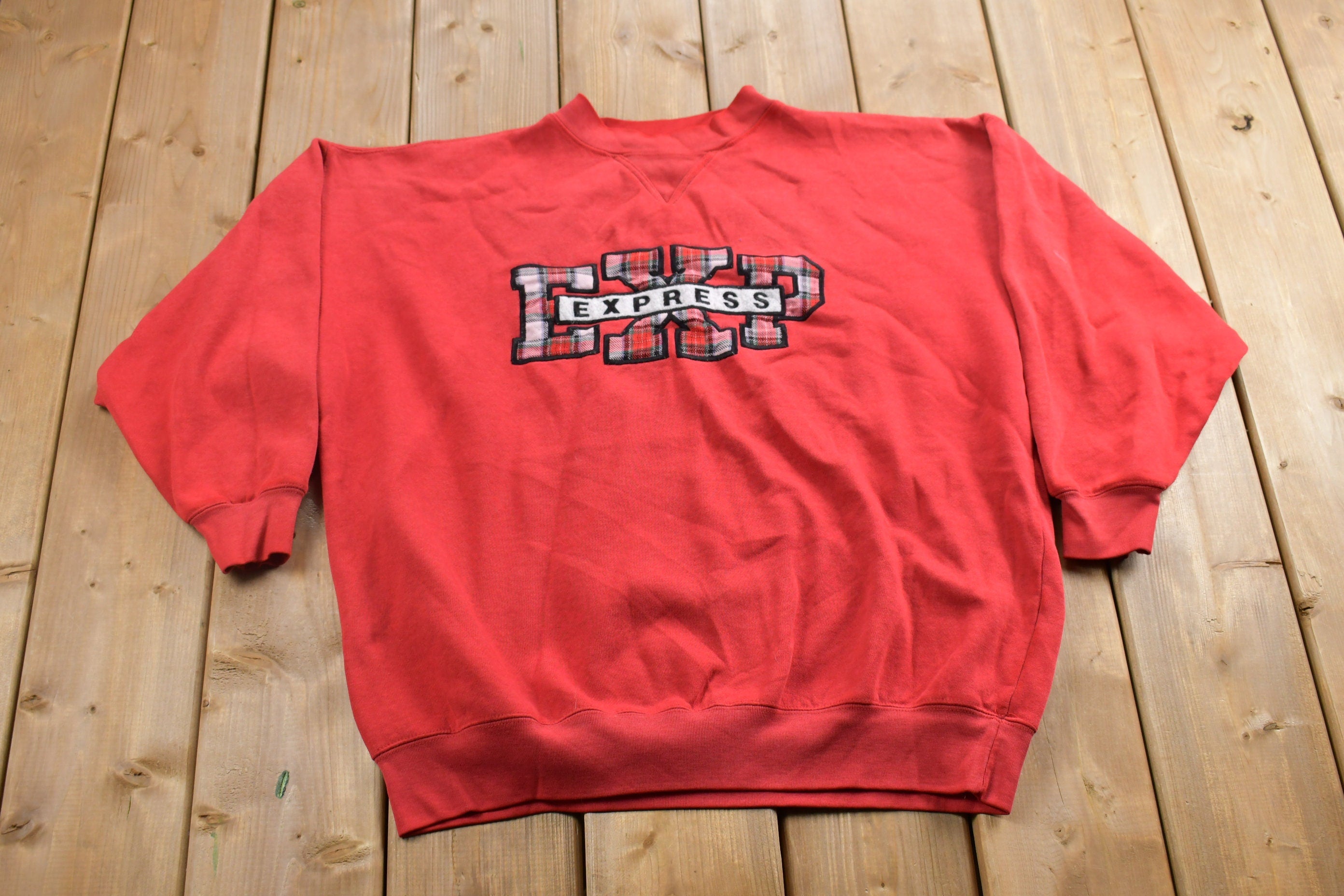 Vintage 1990s Express Plaid Graphic Crewneck Sweatshirt