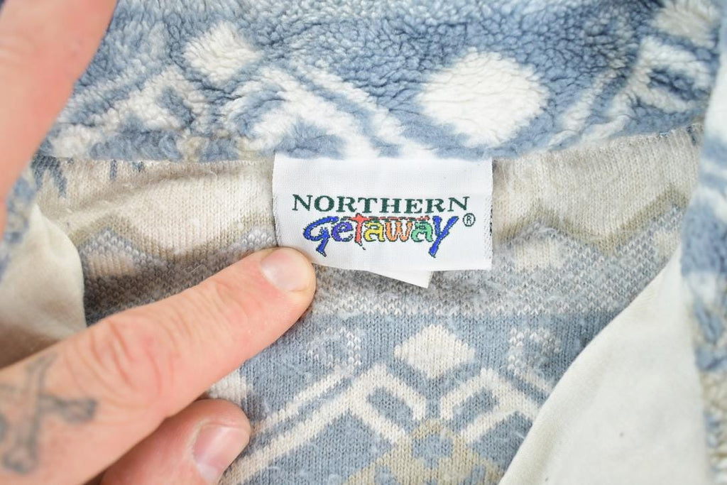 Vintage 1990s Northern Getaway Fleece AOP Outdoorsman Snowflake Sweater