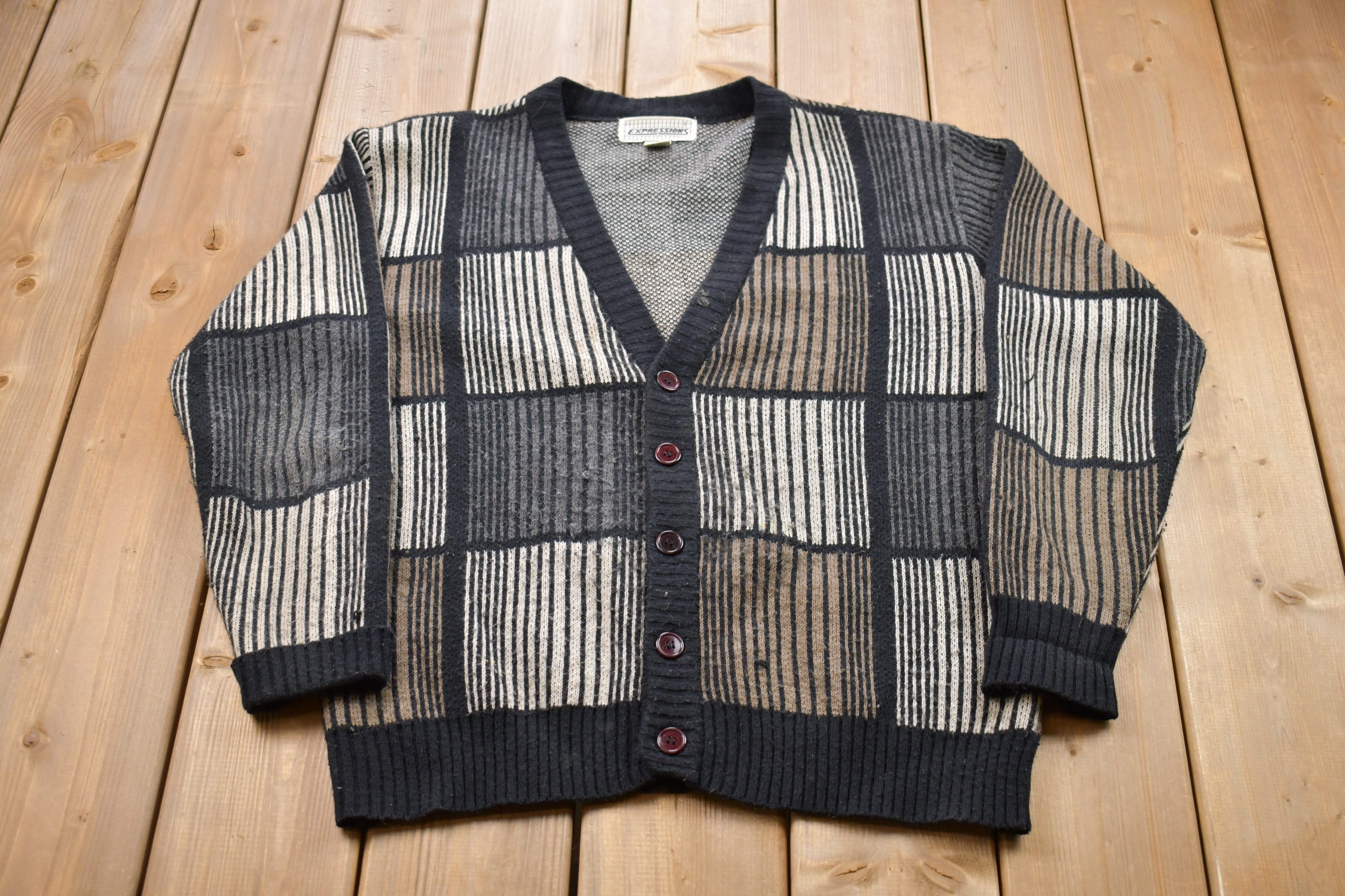 Vintage 1980s Expressions Abstract Knitted Cardigan Sweater
