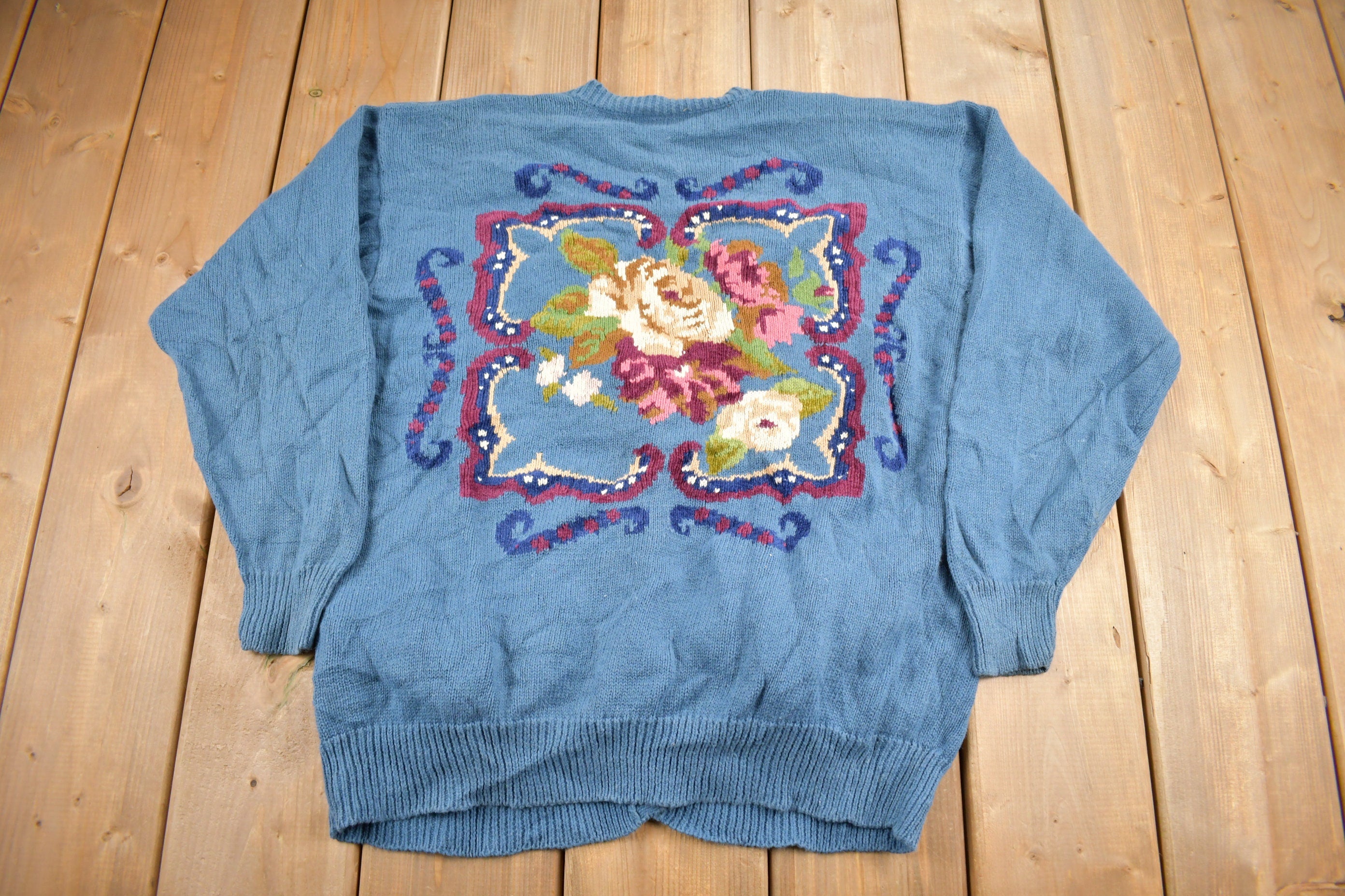 Vintage 1993 Susan Bristol Floral Embroidered Knit Cardigan