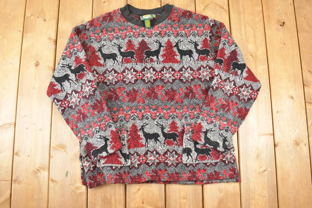 Vintage 1990s Cabellas AOP Reindeer Fleece Outdoorsman Sweater Women's L