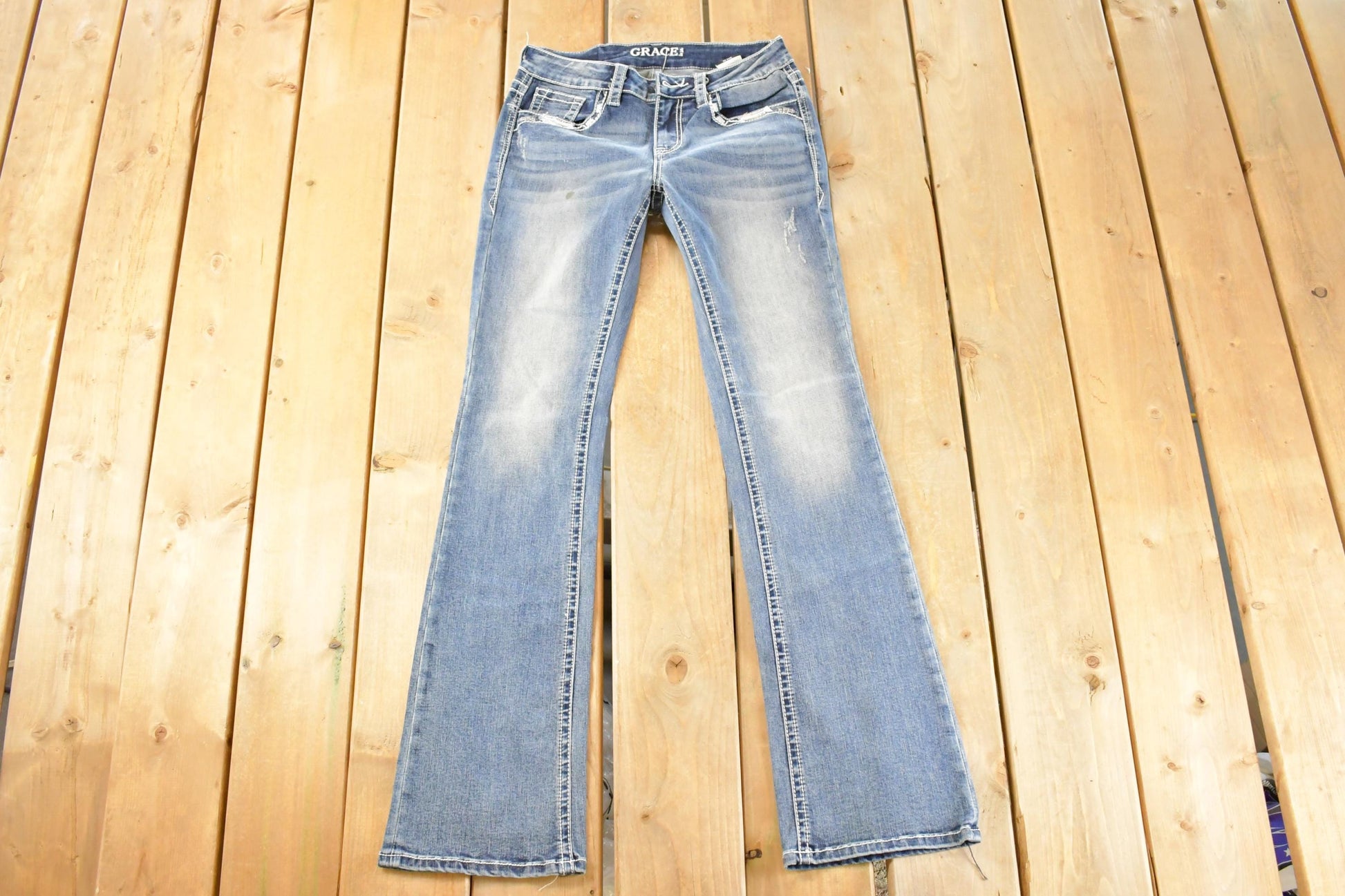Vintage Deadstock Y2K Grace In LA Bedazzled Cross Bootcut Low Rise Jeans Women's Size 26 x 32