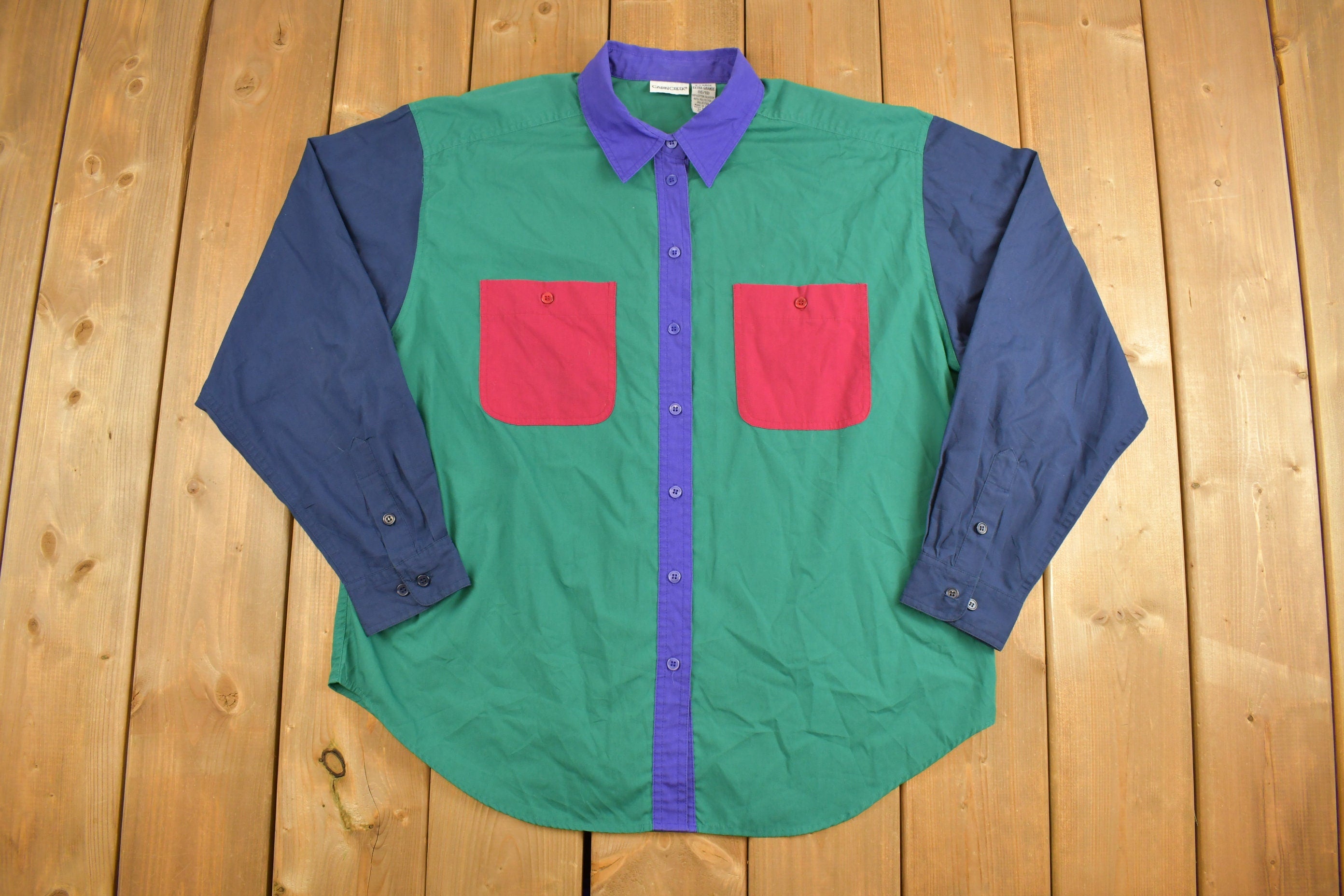 Vintage 1990s Womens Cabin Creek Colorblock Theme Button Up Shirt