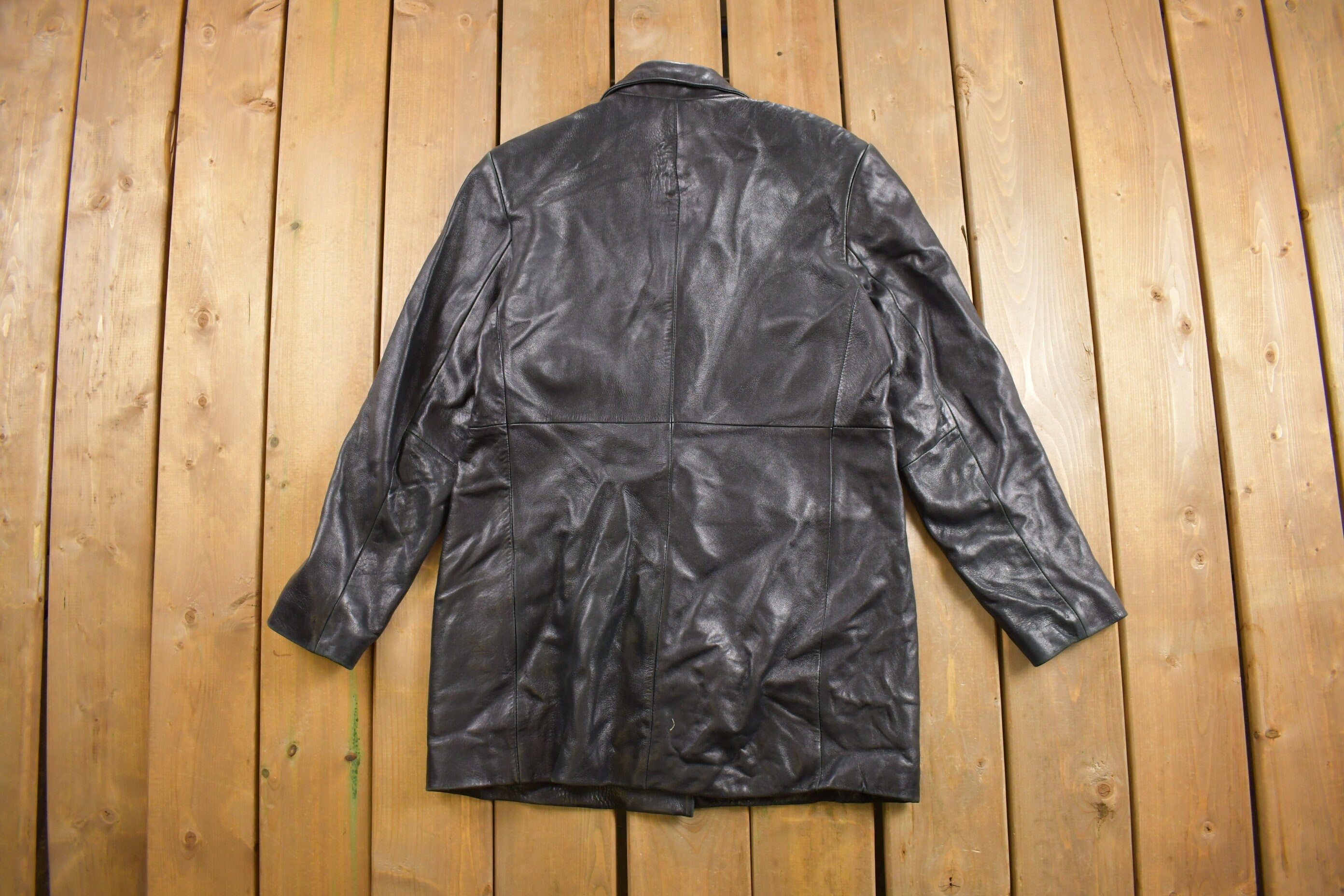 Vintage 1990s Alfani Full Length Black Leather Trench Coat