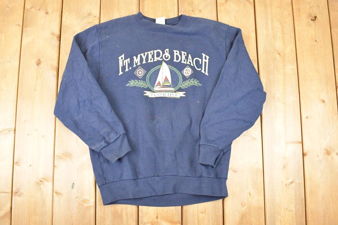 Vintage 1980s St Myers Beach Florida Graphic Print Crewneck Sweatshirt Men's L