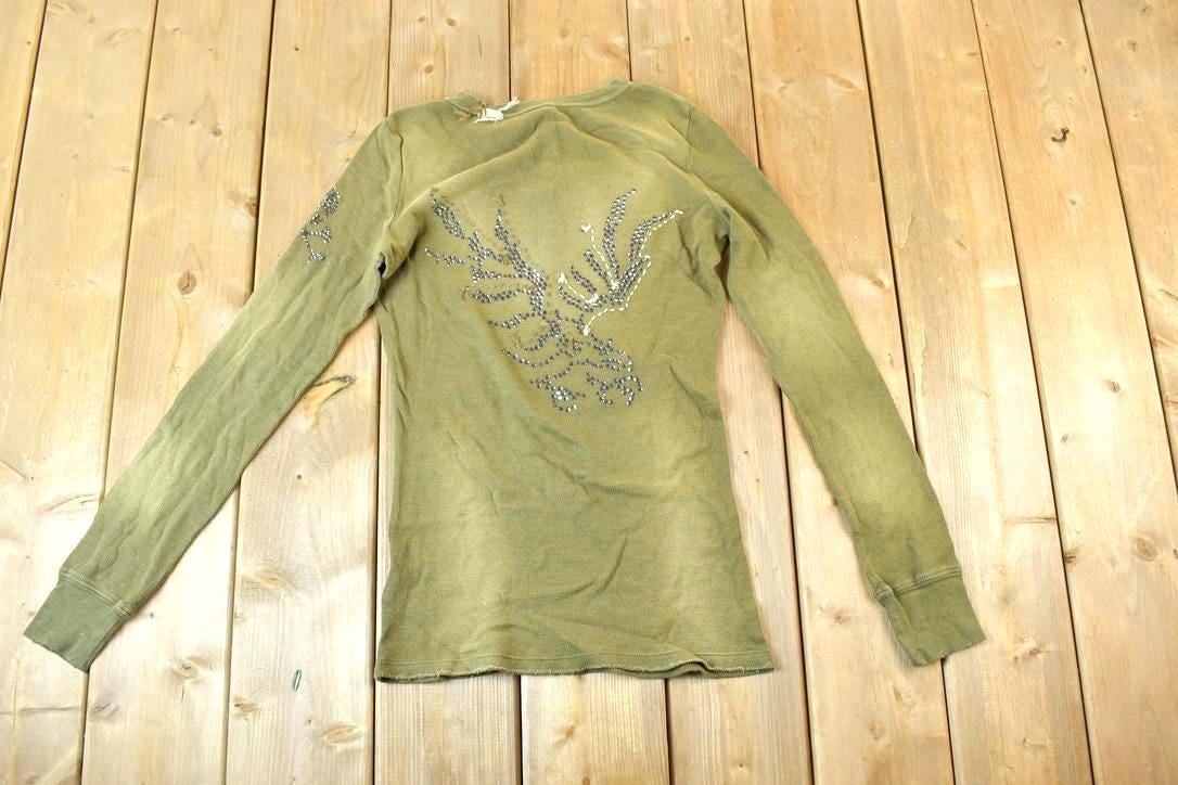 Women Vintage Vigoss Y2K Thermal Army T-Shirt / Vigoss Grunge Skull Print / Contrast Stitch / Internet Famous Clothing / Over Dyed