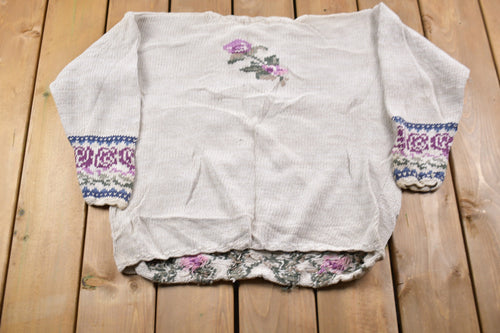 Vintage 1990s Paris Sports Club Floral Knitted Sweater / Vintage 90s Crewneck / Pattern Sweater / Outdoor / Hand Knit / Pullover Sweatshirt