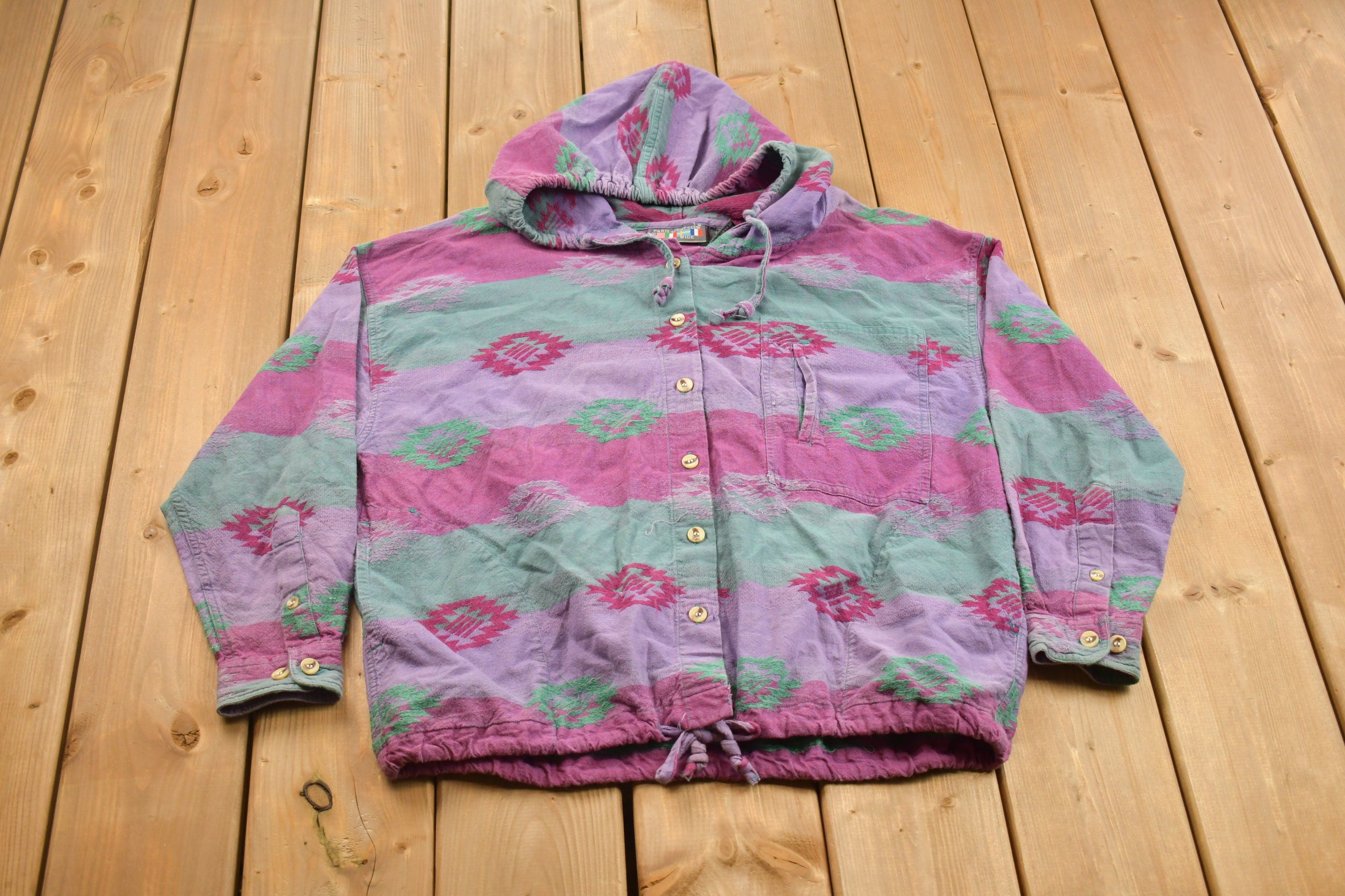 Vintage 1990s Paris Sport Club Aztec Pattern Button Up Hoodie