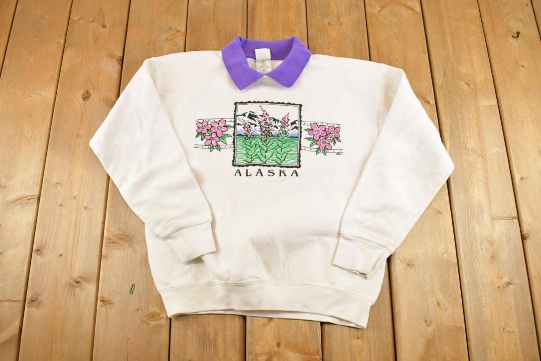 Vintage 1990s Alaska Floral Collared Souvenir Crewneck Sweatshirt Womens M