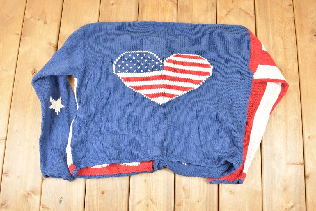 Vintage 1990s Rey Wear AOP American Flag Hand Knit Cardigan Sweater Womens S