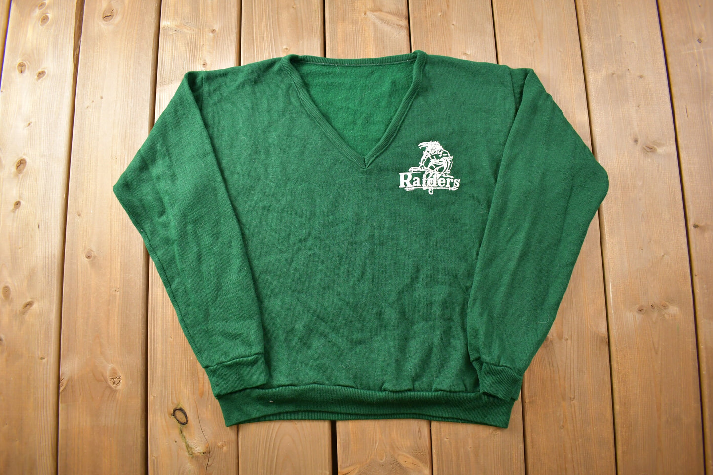 Vintage 1970s Knitted Raiders V Neck Sweater / Vintage 70s Sweater / Green / Sweater / Collegiate / True Vintage / Pullover / Made in USA