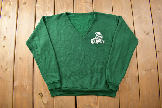 Vintage 1970s Knitted Raiders V Neck Sweater / Vintage 70s Sweater / Green / Sweater / Collegiate / True Vintage / Pullover / Made in USA