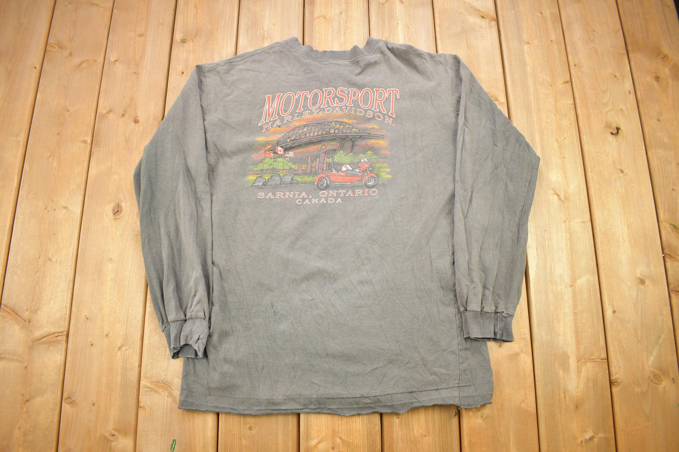 Vintage 1990s Harley Davidson Motorcycles Sarnia Ontario Long Sleeve Henley T-Shirt