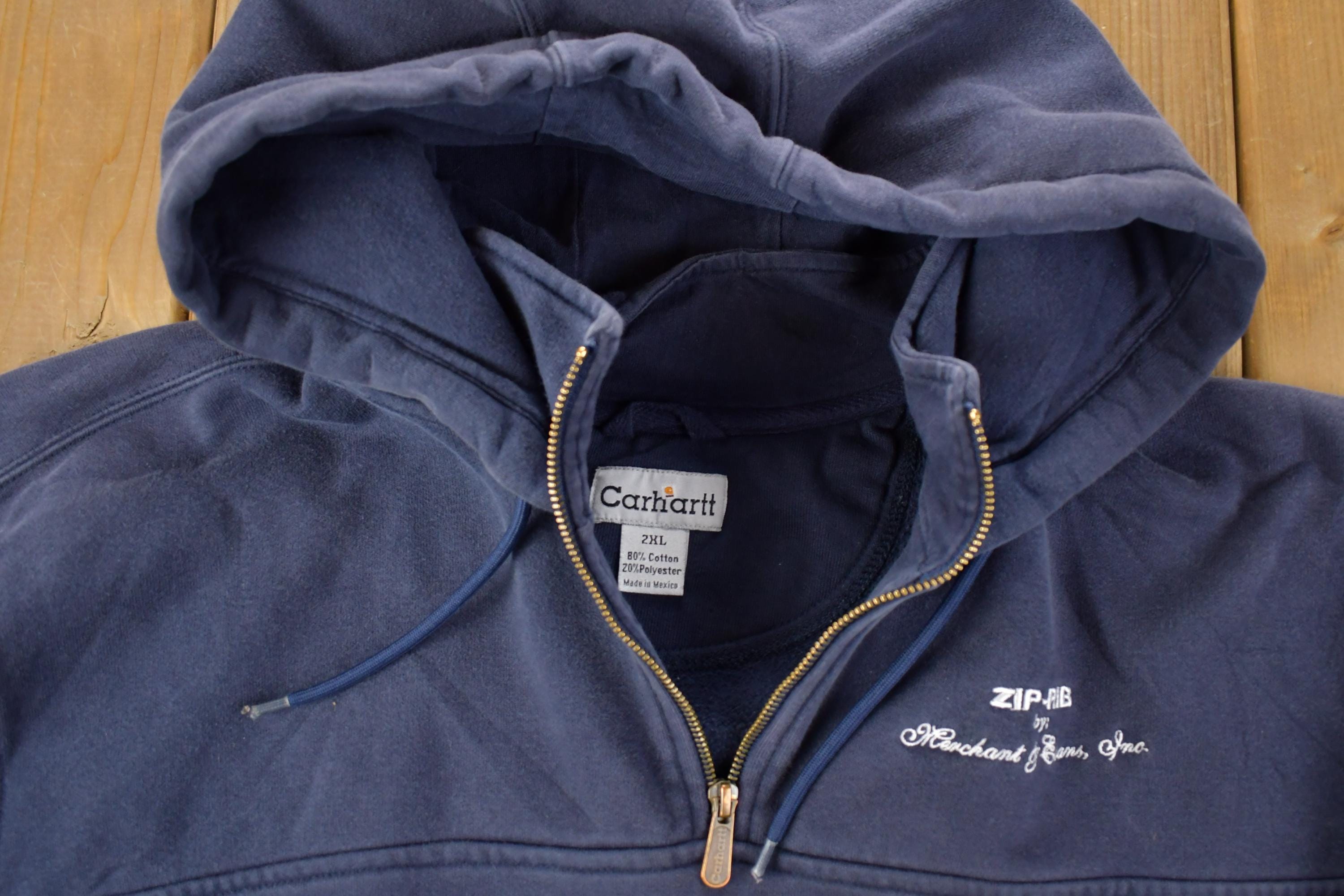 Vintage Distressed Zip Rib Unique Carhartt Quarter Zip Hoodie Sweatshirt