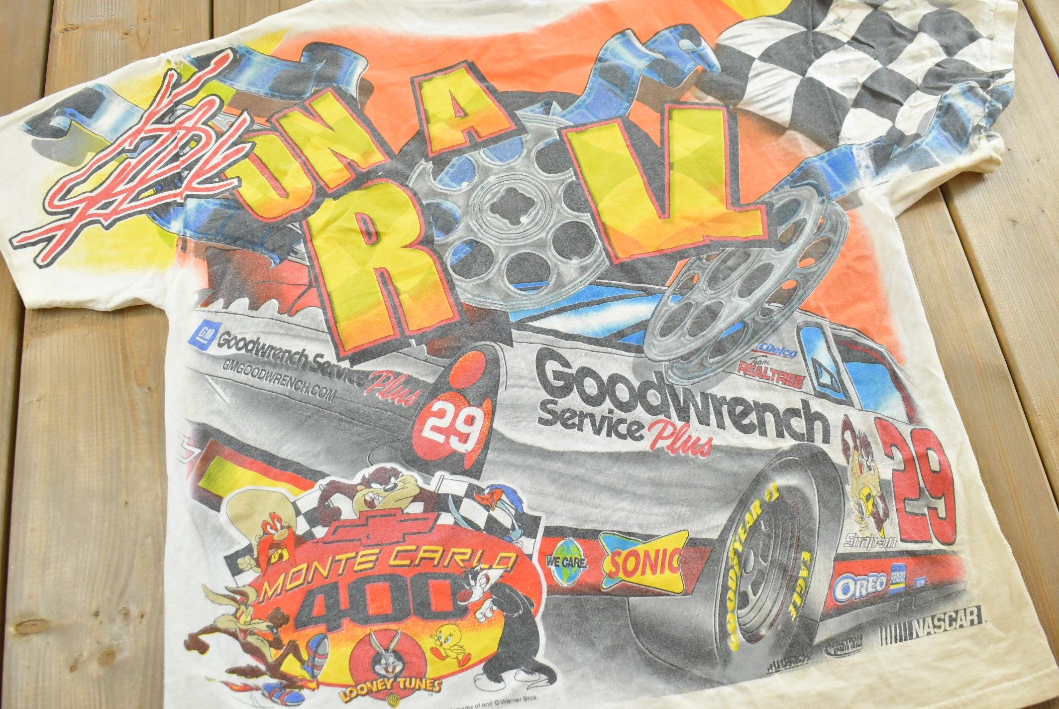 Vintage 1990s Kevin Harvick Looney Tunes All Over Print All Tuned Up NASCAR Racing T-Shirt Mens L / Racing Tee / 90s Nascar / Single Stitch