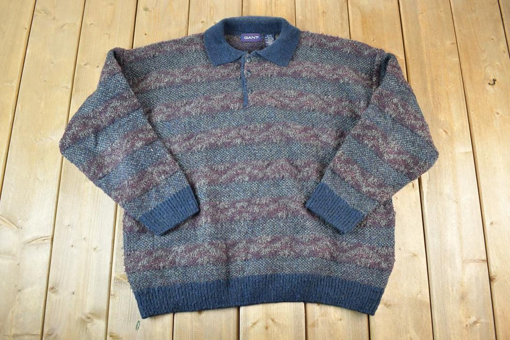 Vintage 1990s Gant Knit Abstract Pattern Quarter Button Crewneck Sweater