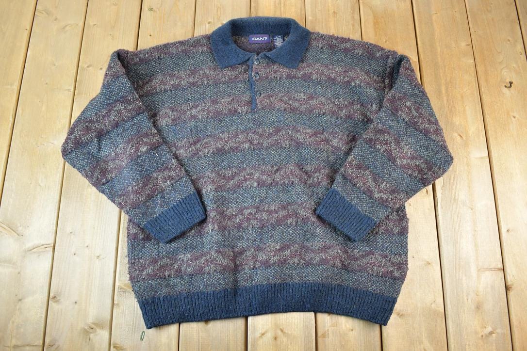 Vintage 1990s Gant Knit Abstract Pattern Quarter Button Crewneck Sweater