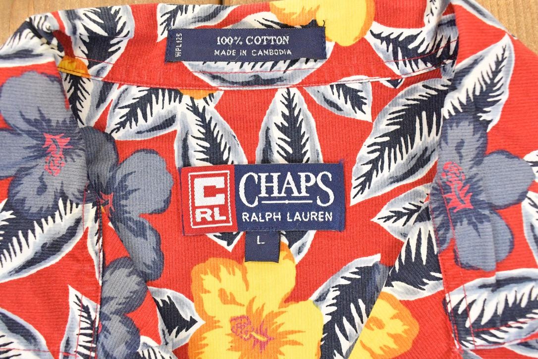 Vintage 1990s Chaps Ralph Lauren Hawaiian Abstract AOP Button Up Shirt Men's L / Funky Crazy Pattern / Preppy Style / Boxy Fit