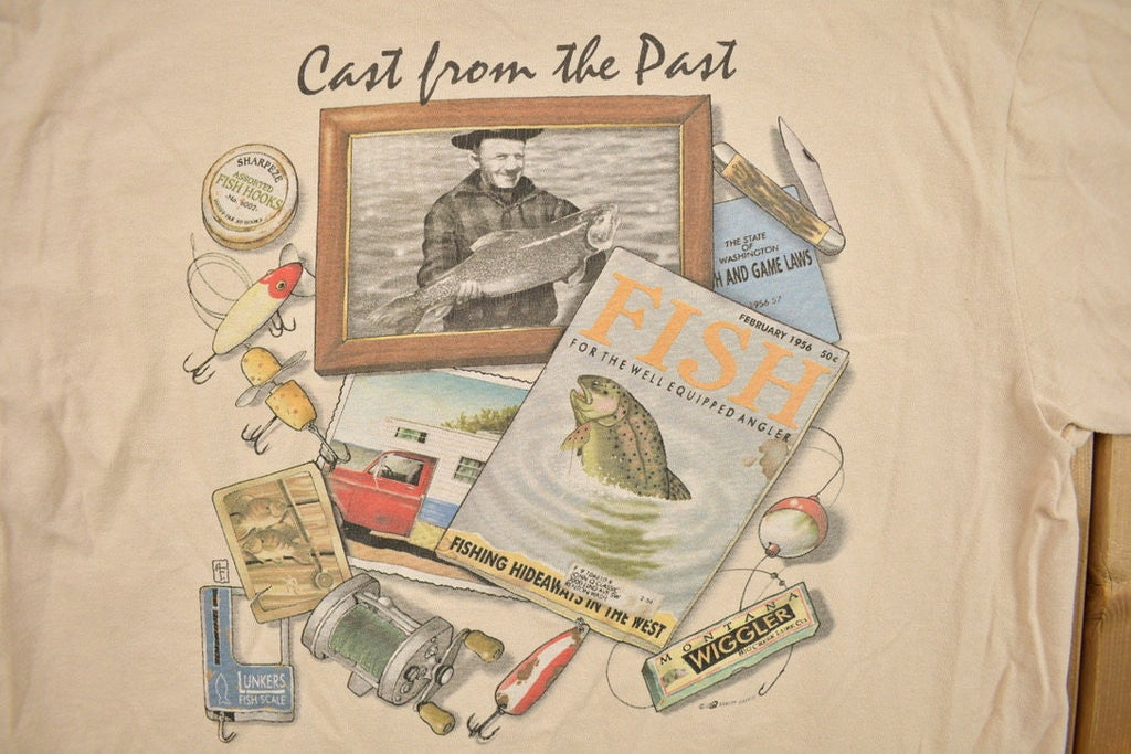Vintage 1990s Cast From the Past Parody Fishing Art Graphic T Shirt