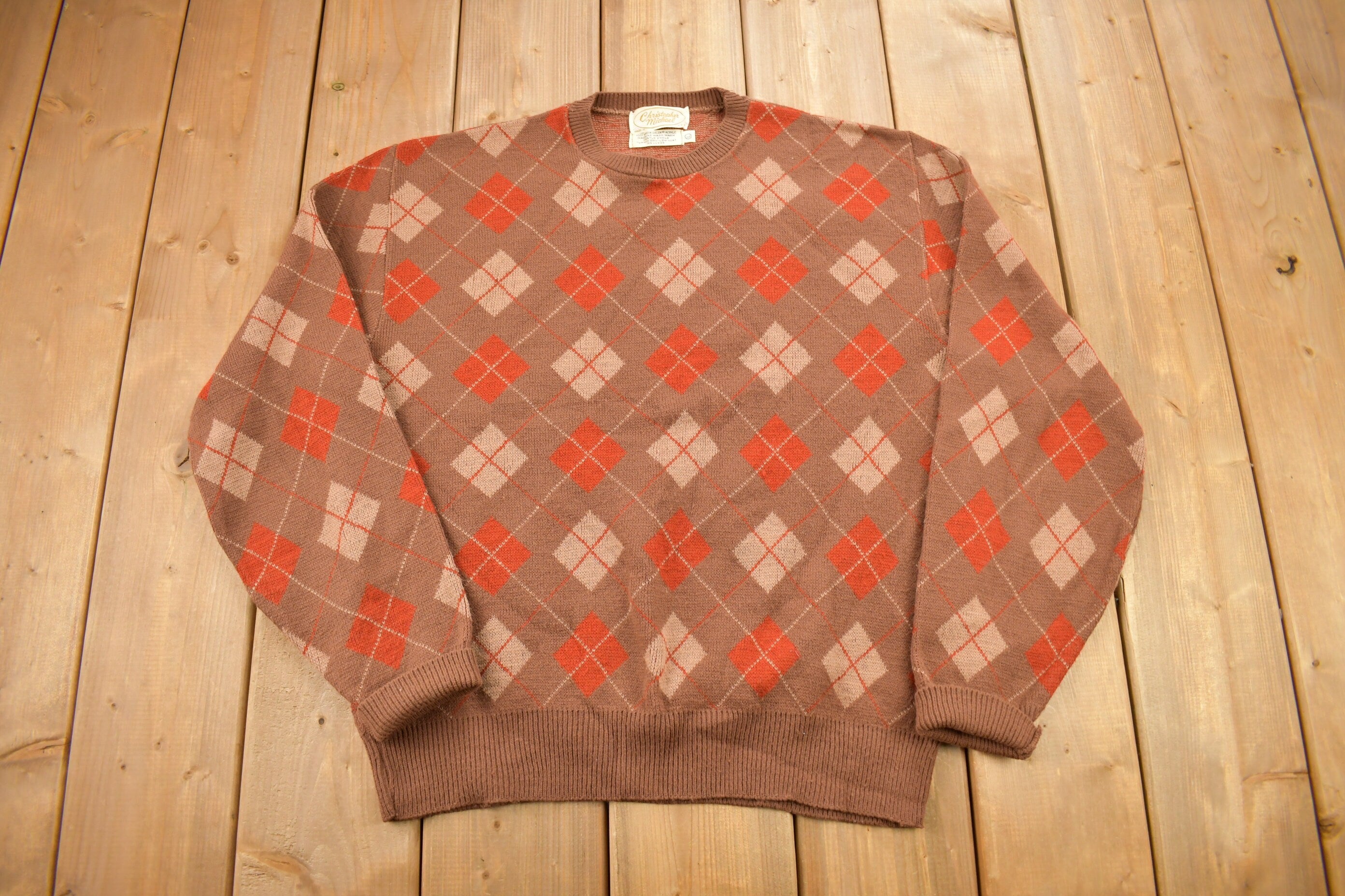 Vintage 1970s Christopher Michael Argyle Knitted Crewneck Sweater  Vintage 80s Crewneck  All Over Pattern  Colorful Sweatshirt
