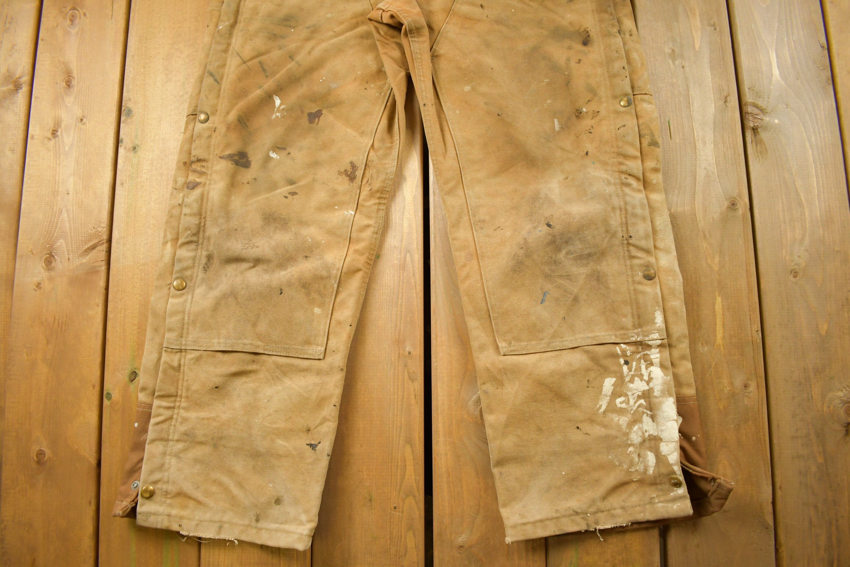 Vintage 1990s Carhartt Double Knee Quilted Canvas Paint Splattered Overalls Size 36 x 26