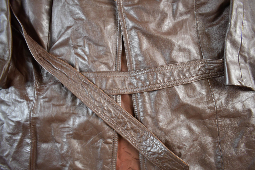 Vintage 1980s Leather Fur Collar Full Length Jacket Women's S